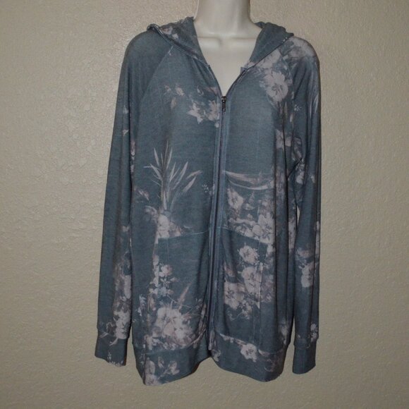 Sz L Cha Sor Gray Pink Floral Zip Up Hooded Soft Jacket - Picture 1 of 5
